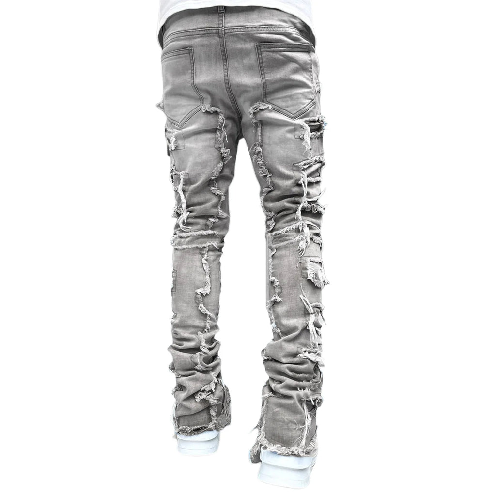 2026 New Men's Denim Straight-Leg Pants, European and American Street Fashion Ins Stretch Patch Denim Straight-Leg Pants