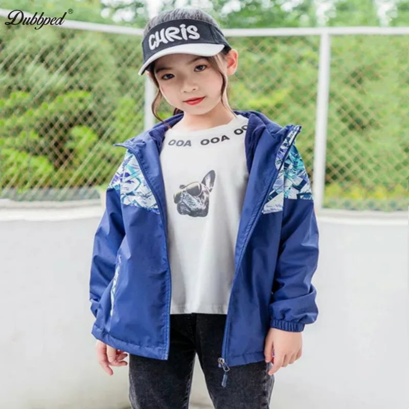 Dubbped New Fashion Spring  Autumn Jackets Rian Girls Coat Waterproof Windproof Windbreaker  Hooded Kids Clothes 3-12Y