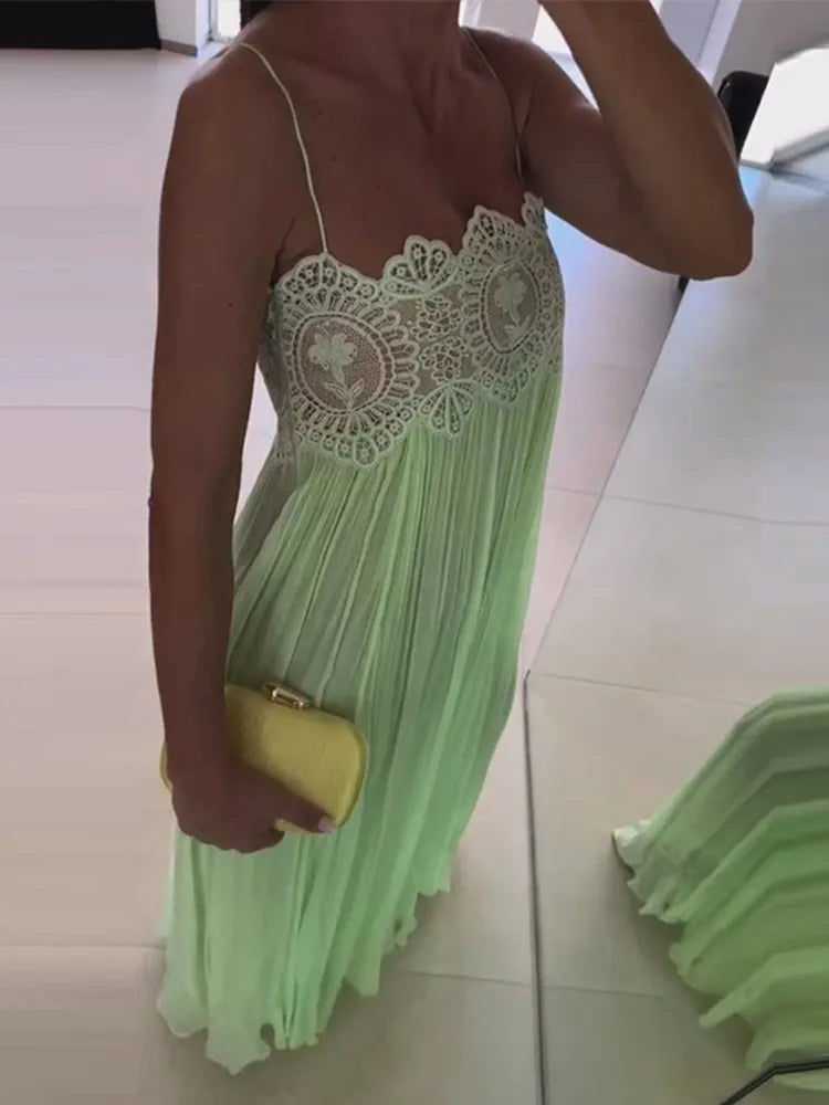 Lace Patchwork Pleated Slip Long Dress Women Sexy Spaghetti Strap Sleeveless Backless Loose Evening Dresses Chic Ladies Vestidos