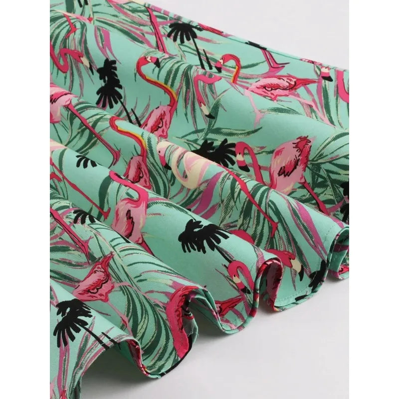 Flamingo Print High Waist Pinup Retro Dress S to 4XL 95% Cotton Women O-Neck Sleeveless Summer 50s Vintage Dresses women dress