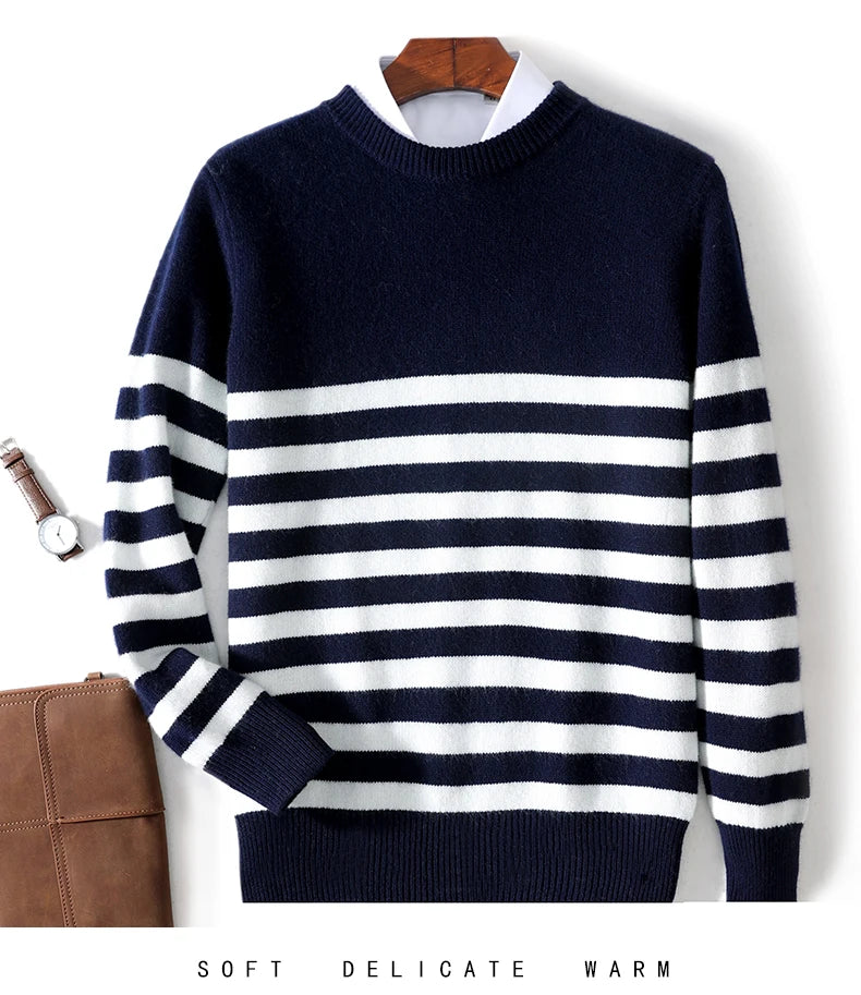 2024 Autumn/Winter New Round Neck 100% Pure Wool Sweater Men's Casual Loose Thick Sweater Striped Knitted Base Cashmere Sweaters