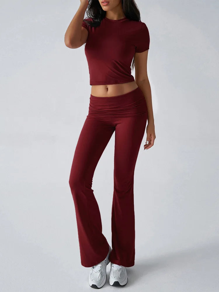 Women's Sexy Tops Suits 2026 Summer Latest Casual Solid Color Yoga Suit Slim Fit Sports Short Sleeved Pants Two-Piece Set Outfit