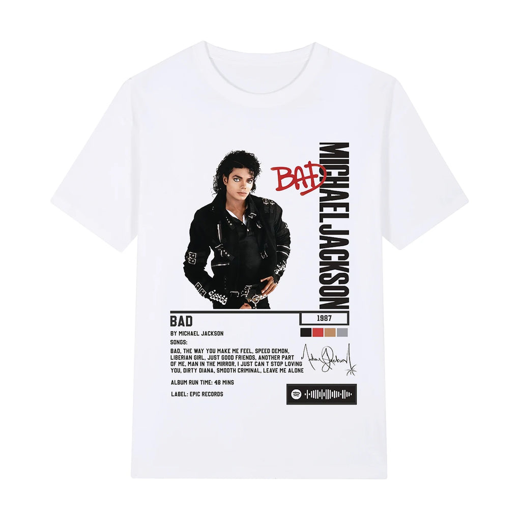 Singer Michael Jackson Bad Album Vintage T-shirt King Of Pop Streetwear Casual Cotton Men T shirt New Tee Tshirt Womens Tops