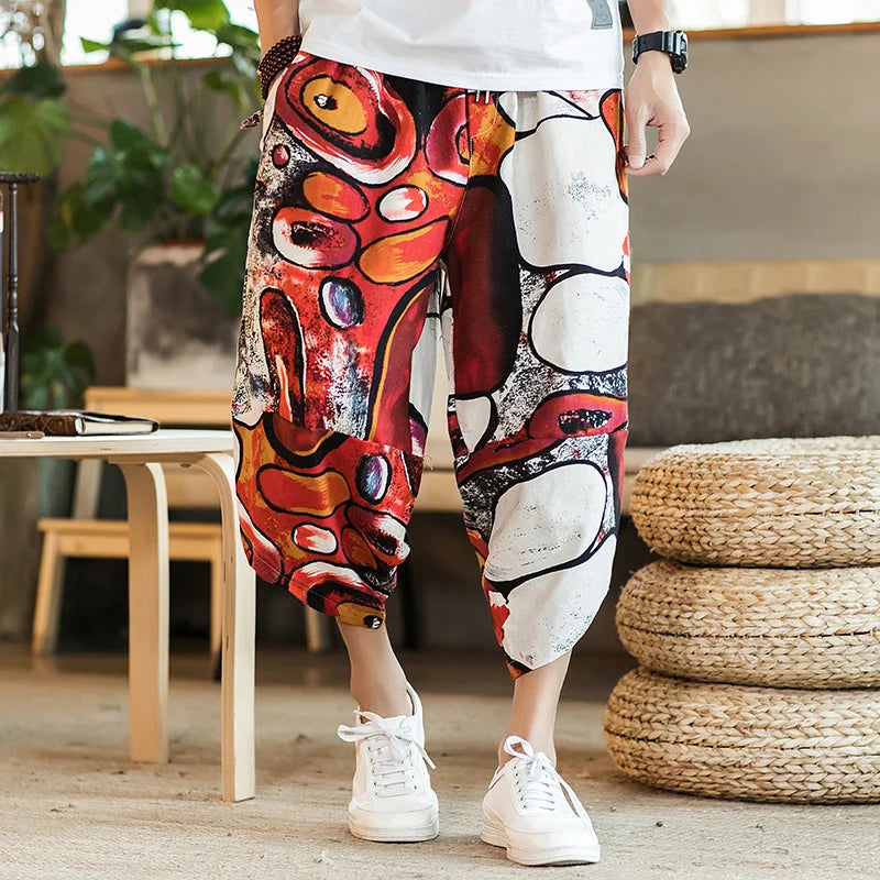 Men's Casual Cotton Linen Seven-Foot Pants Summer plus Size Lantern Loose Fit Shorts Harlan Style Comfortable Breathable Leis...