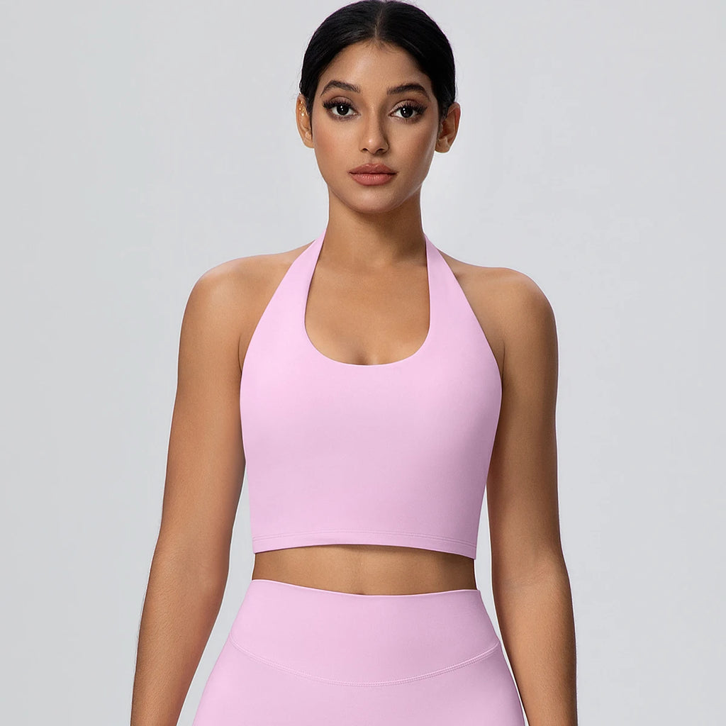 Woman Solid Color Sexy Neck Strap Bra Yoga Underwear With Chest Pad Backless Gather Shockproof Gym Workout Top Sports Yoga Bra