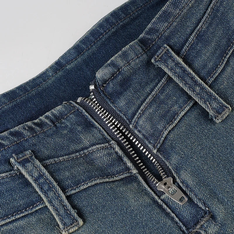 SUCHCUTE Fashion Vintage Low-Waisted Jeans for Women Y2K Streetwear Slim Denim Pants Retro Grunge Skinny Jeans All Match Clothes
