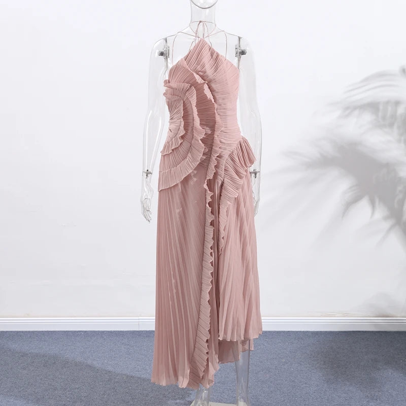 Gown Neck Strap Irregular Long Dress For Women Ruffle Sleeveless High Waist Backless Dresses 2025 New Summer Elegant Party Y2k