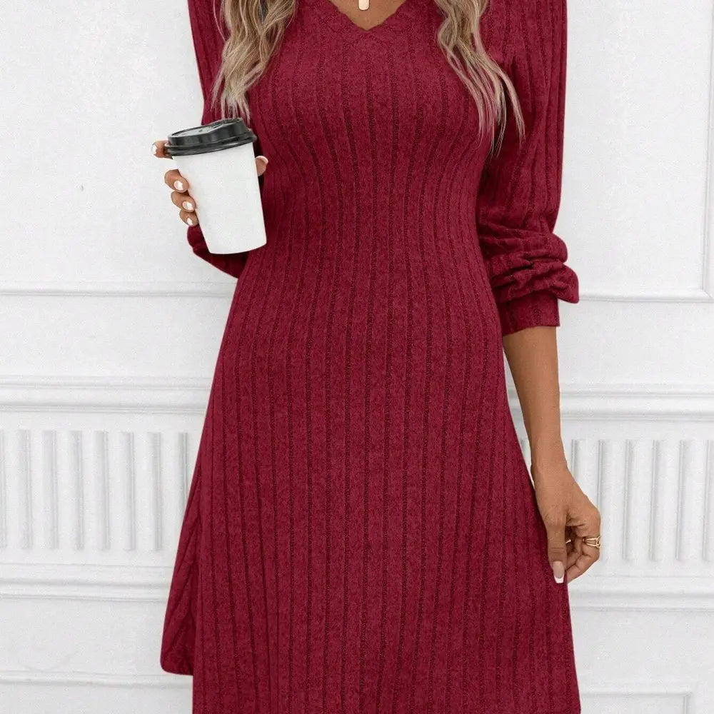 Casual Long Sleeve Brushed Ribbed Knit Dress Womens V Neck Slim Fit Autumn Winter Pullover Solid Color Streetwear