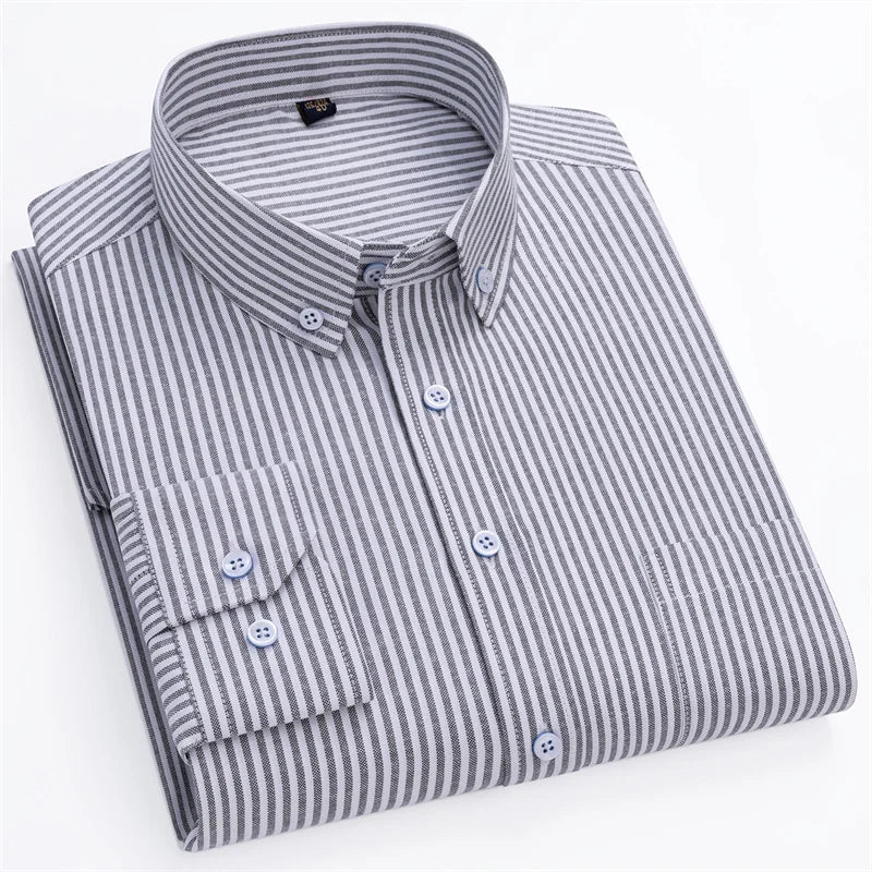 New Cotton Oxford Men's Shirts Long Sleeves Stripe Thin Soft Regular Fit Formal Dress Shirt Pocket Social Blouse Male Clothes