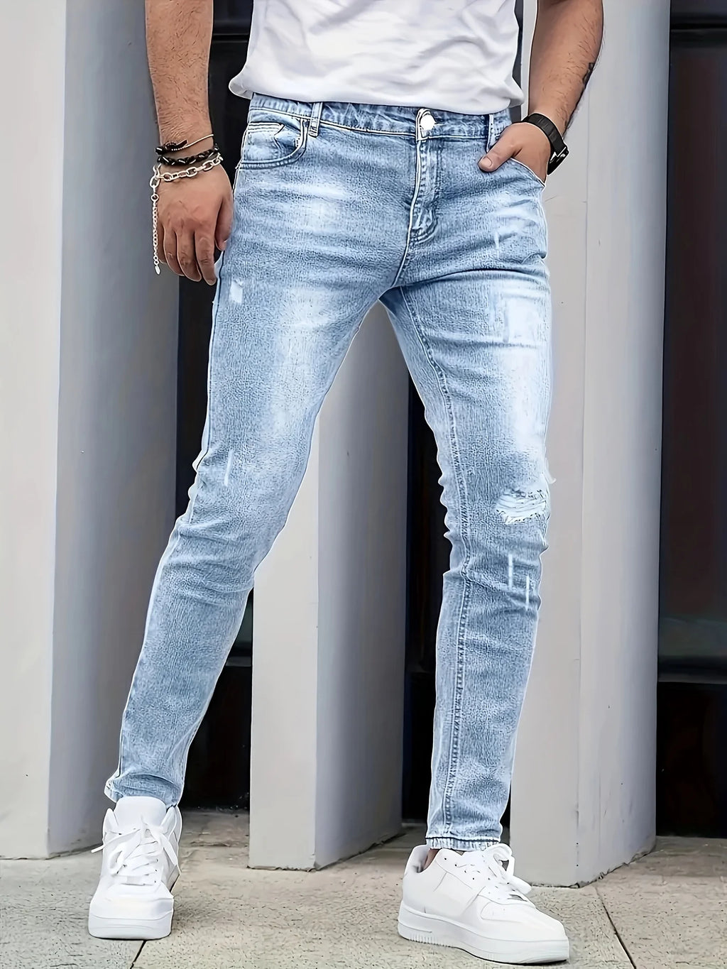 Men'S Slim-Fit Distressed Denim Jeans  Street Style  Light Blue with Ripped Detail, Perfect for Casual Wear, Spring Fashion Jean