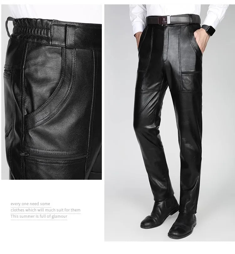 Men's Thickened Leather Pants with Detachable Warm Fleece Liner Genuine Cowhide Goatskin for Autumn And Winter