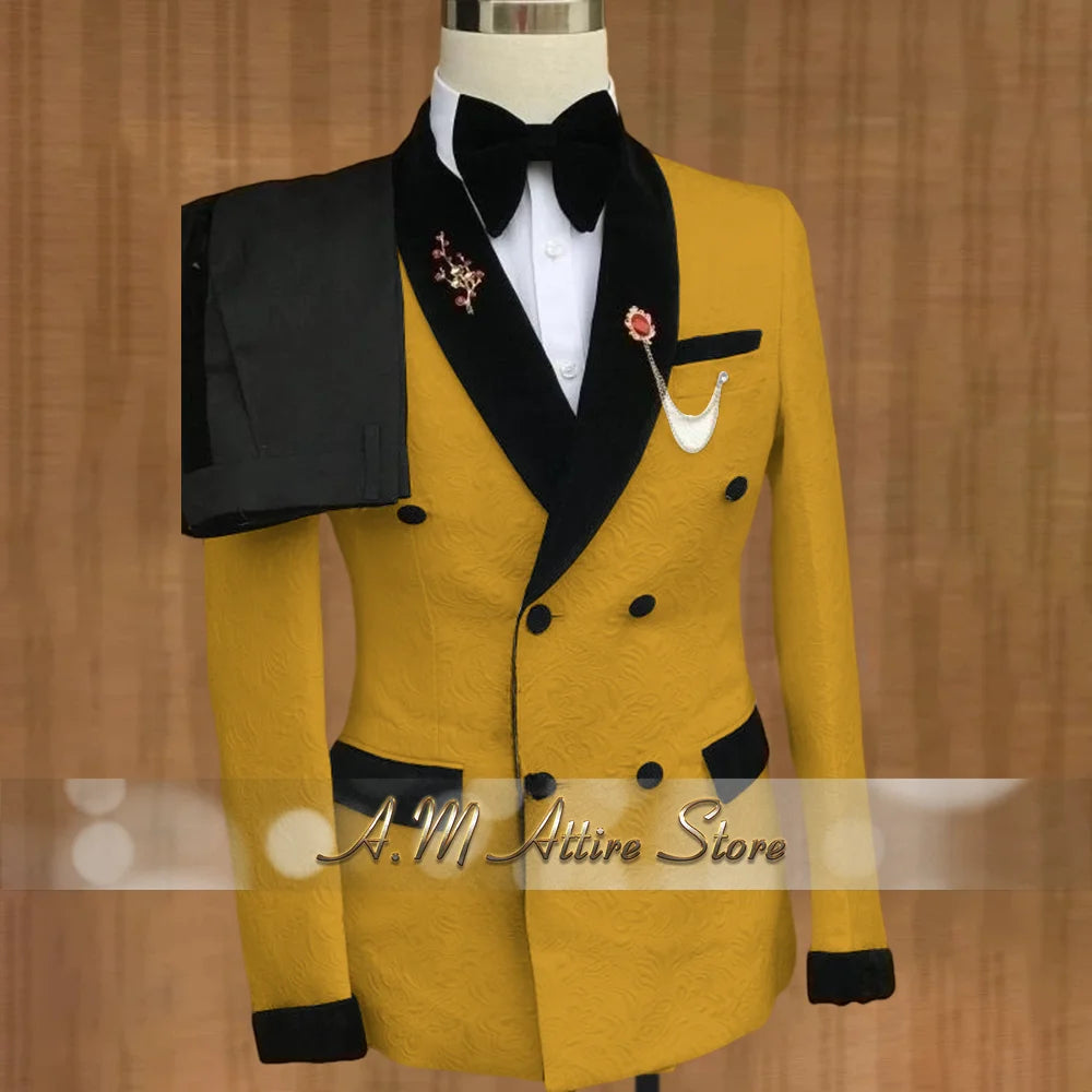 Luxury Wedding Attire for Men Tailored White Jacquard Suit with Black Velvet Shawl Lapel Accents for Grooms & Bridal Party 2PCS