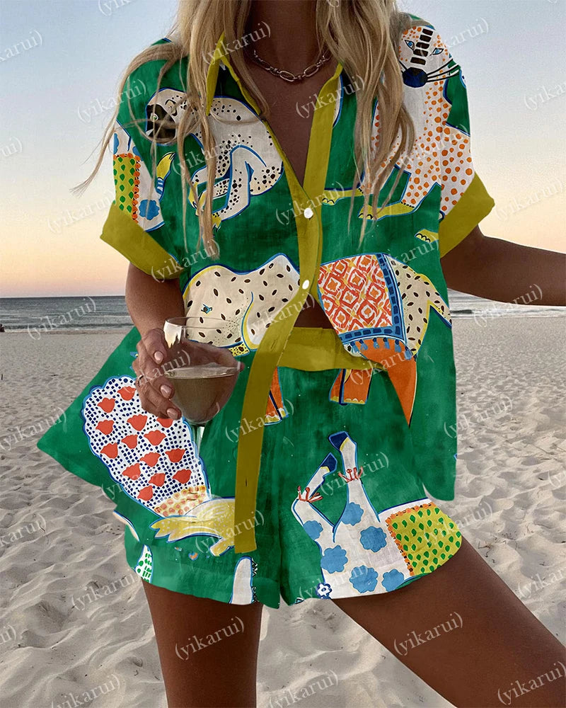Summer Fashion Colorful Printed Blouse Shorts Two Pieces Sets Women Lapel Short Sleeve Button Shirt Suit Beach Holiday Outfits
