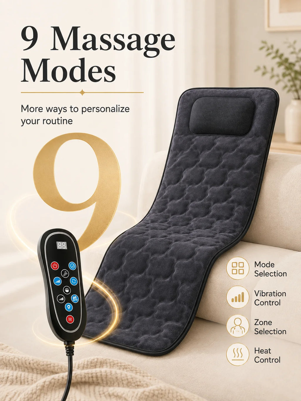 Full Body Massage Mat Foldable Neck Kneading 10 Motor Vibration Heat Shiatsu Electric Massage Cushion 9 Modes Wired Remote Home