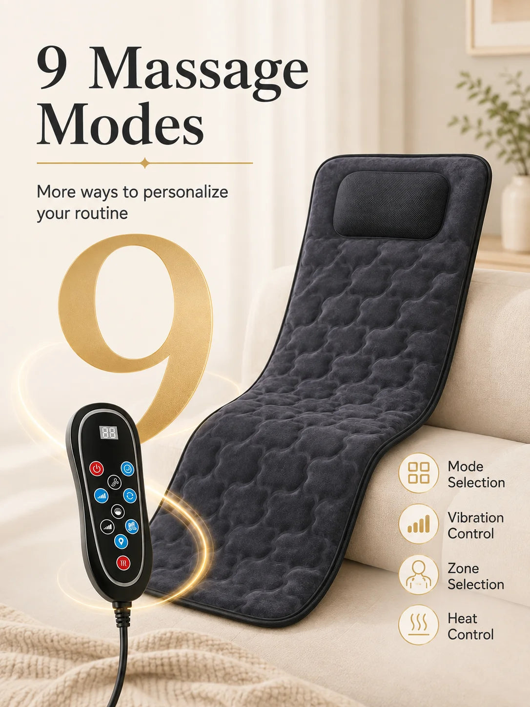 Full Body Massage Mat Foldable Neck Kneading 10 Motor Vibration Heat Shiatsu Electric Massage Cushion 9 Modes Wired Remote Home