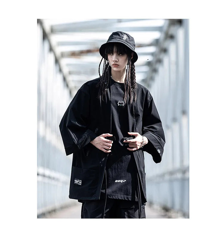 2023 Ribbon Hip Hop Punk Techwear Kimono Oversized Shirts Mens Japan Style Harajuku Casual Cargo Shirt Cloak