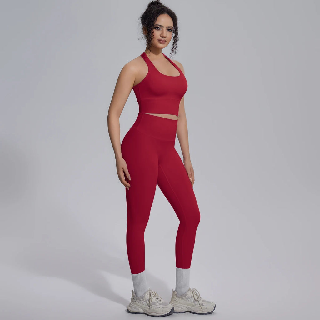 Rooftrellen New Women's Two-piece Set Fitness Sports Solid Color Yoga Set Summer Quick Drying Legging Pants Gather I-shaped Vest
