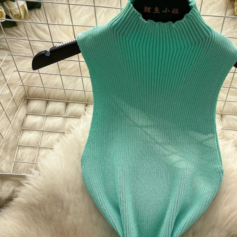 Women's Green Halter Neck Sundress Sleeveless Stretchy Ribbed Knit Bodycon Mini Dress Casual Summer Clubwear Short Dress Outfits