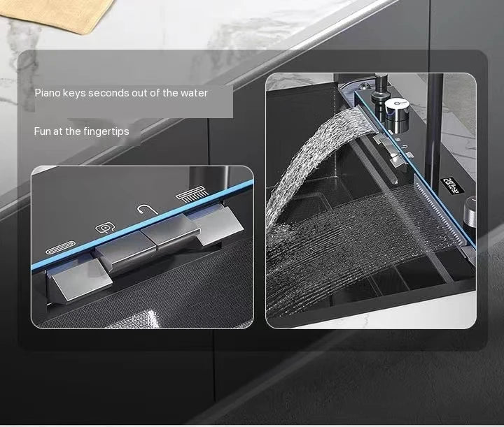 Stainless Steel Waterfall Kitchen Sink Digital Display Extra Large Single Bowl Multifunctional Household Vegetable Washing Sink