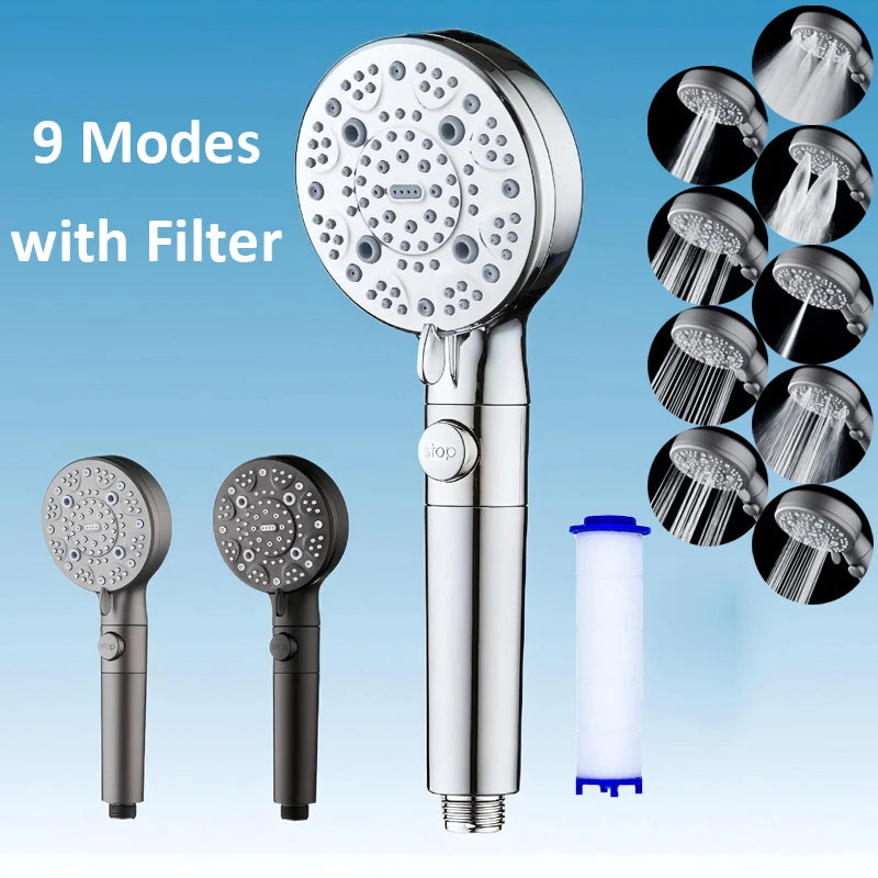 Filter 9 Modes Adjustable Shower High Pressure Shower Head with Hose Water Saving One-Key Stop Spray Nozzle Bathroom Accessories