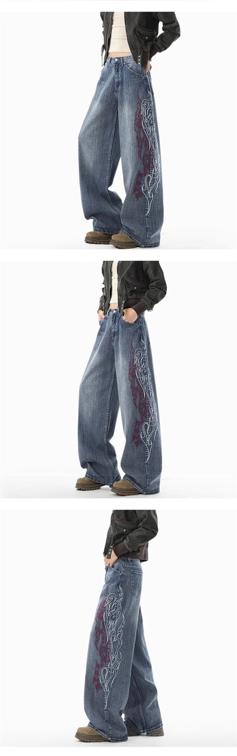 New Y2K Flame Embroidered Streetwear Flared Jeans For Man Hip Hop Fashion Straight Baggy Denim Pants Harajuku Streetwear Jean