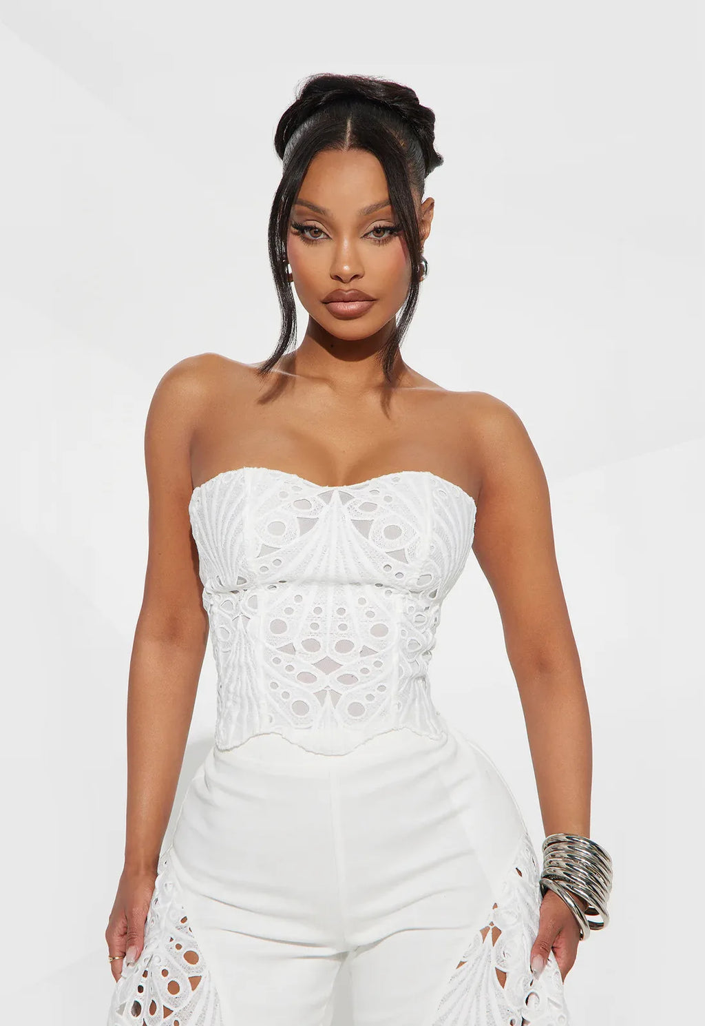 Women's Solid Color Pants Sets Hollow Out Lace Tube Top Cropped Top High Waist Trousers Two Piece Set Sexy Hot Girl Streetwear