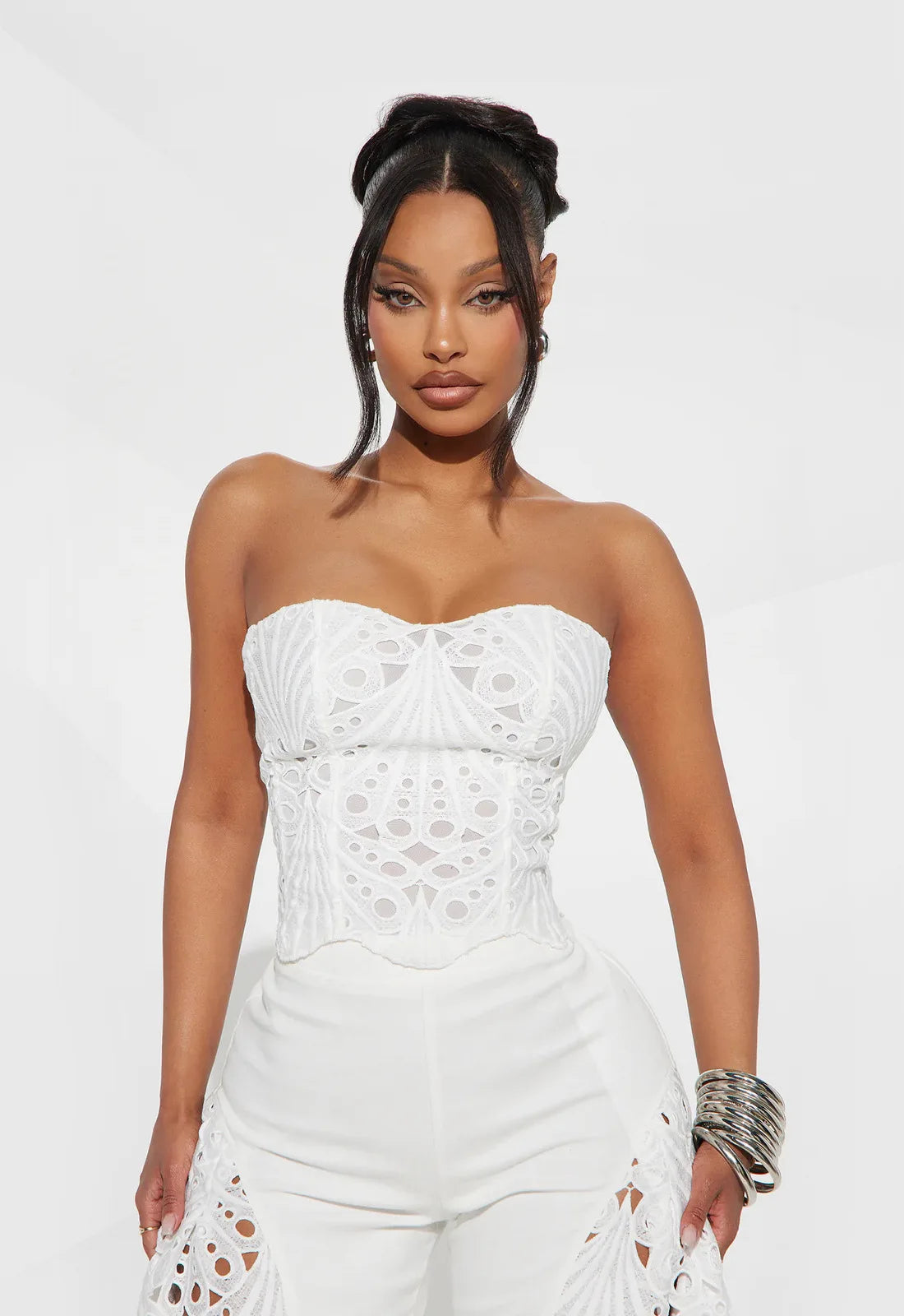 Women's Solid Color Pants Sets Hollow Out Lace Tube Top Cropped Top High Waist Trousers Two Piece Set Sexy Hot Girl Streetwear
