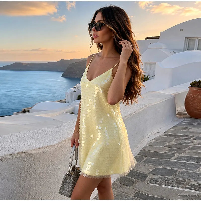 Sexy Lace Sequined Patchwork Women's Dress Sling Hollow Out Waist-Closed Lady Mini Dresses 2026 Summer Autumn Chic Female Robe