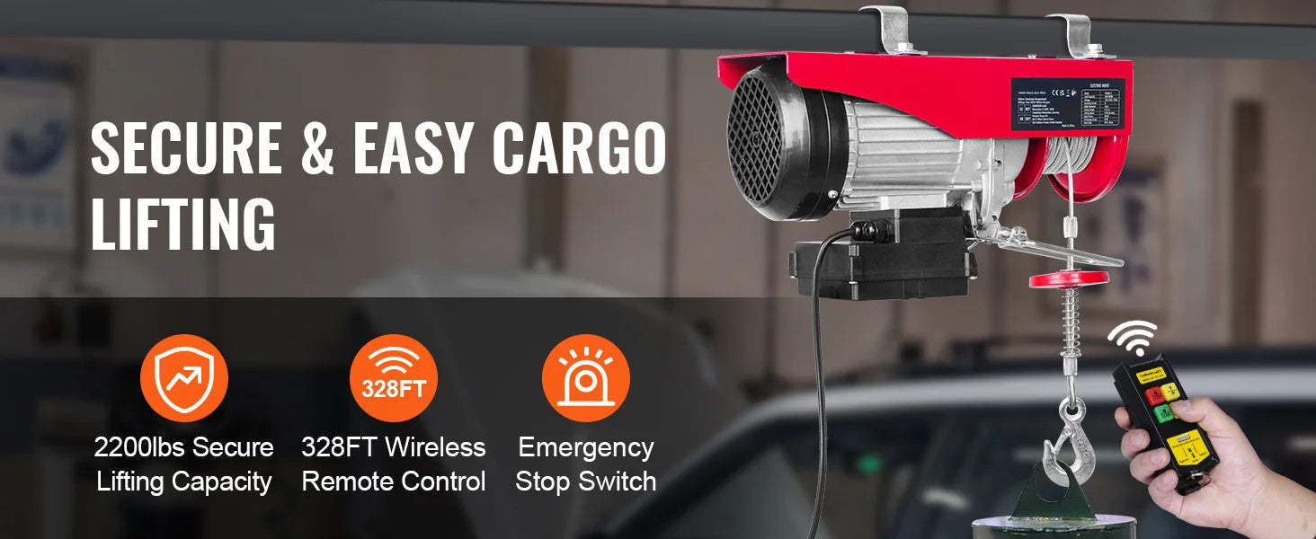 SucceBuy 1320-2200 lbs Wireless Electric Hoist with 40ft Single Cable Lifting Height Steel Wire Winch for Garage Warehouse