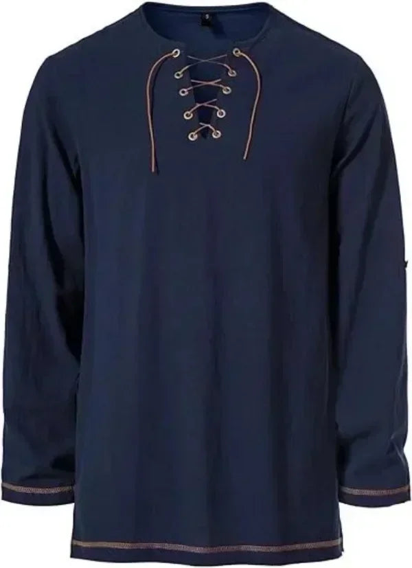 Men Medieval Lace Up Linen Long Sleeve Tunic Viking Pirate Renaissance Cosplay Shirt With Vintage Embossed Leather Belt