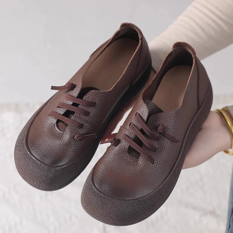 2025 Spring Autumn New Leather Women's Shoes Soft soled Comfortable Versatile Thick soled Casual Shoes Retro Leather Shoes