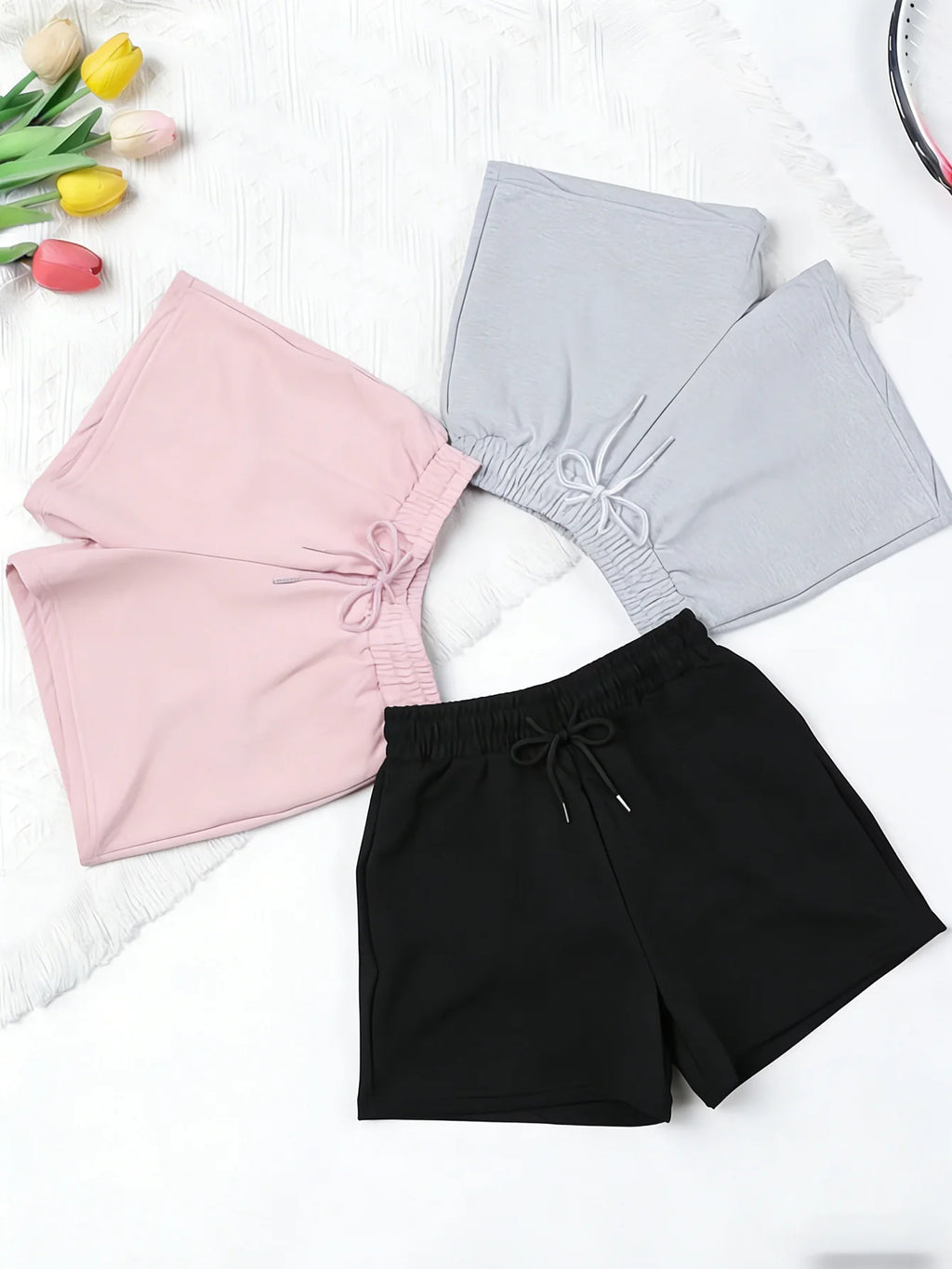 Three Women's Simple Drawstring Sports Shorts, Suitable for Wearing as Outerwear in a Casual Style, Are Comfortable and Soft.