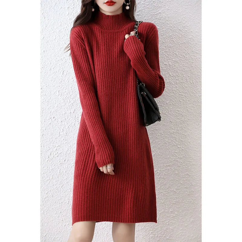 Fashion Cashmere Sweater Womens Knitted Dresses 100% Merino Wool Turtleneck Elegant Dress Autumn Winter Long Sleeve Short Skirts