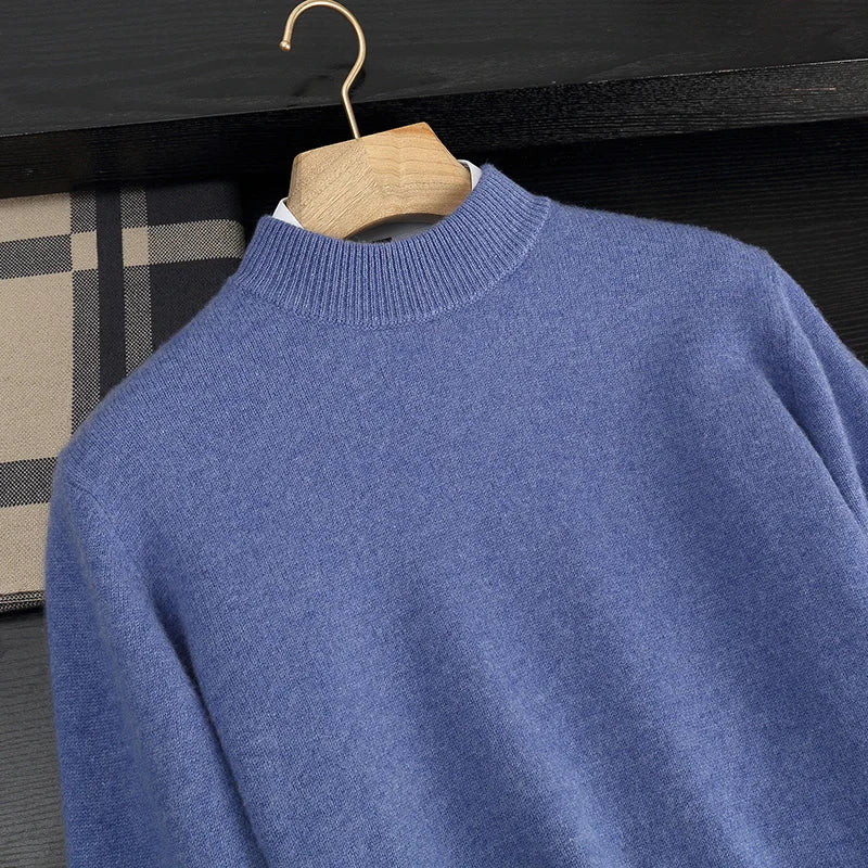 Autumn/Winter Men's 100% Cashmere Pullover Business Casual Solid Knitted Sweater Loose Half High Neck Tops Thick Warm Jumper