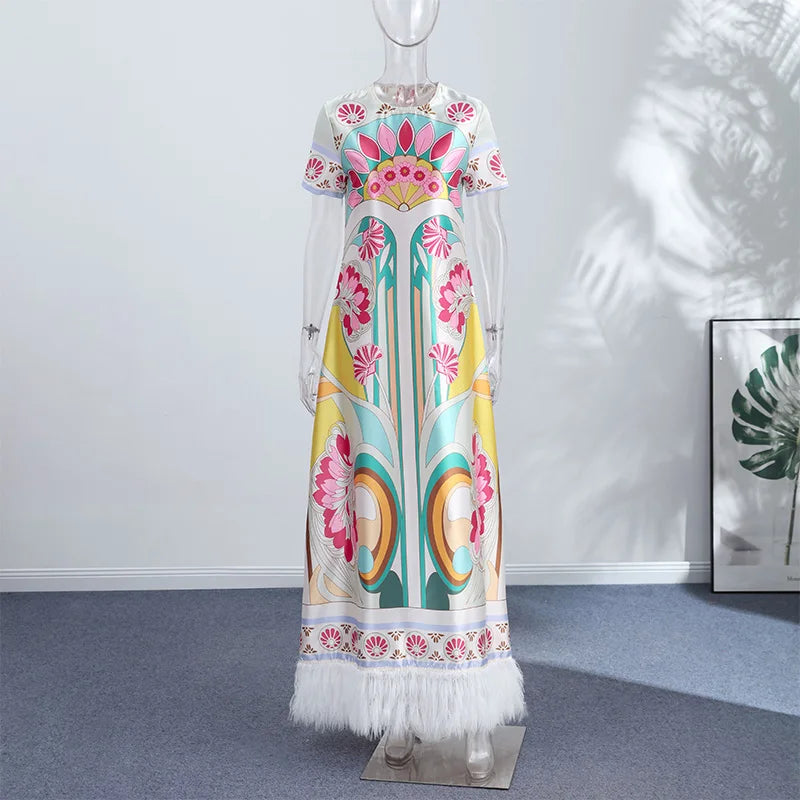 Chic Printed Women's Dress O-Neck Short Sleeve Loose Feather Patchwork Women'S Long Dresses 2026 Summer Female Vacation Robe