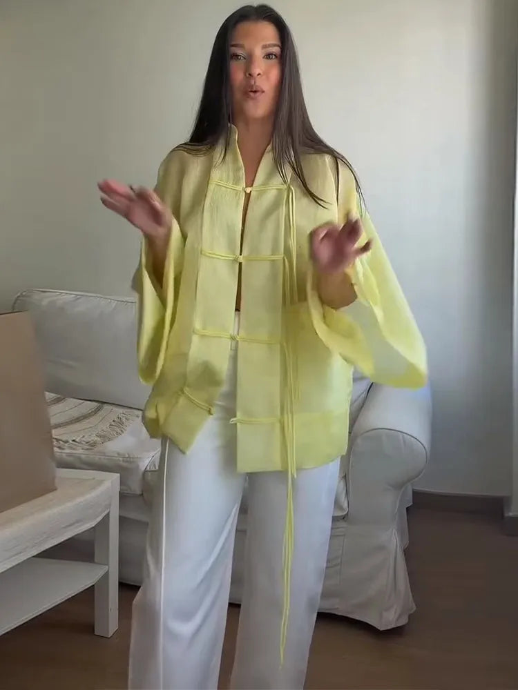 Loose Women's Frog Buttons Mandarin Shirts See Through Stand Collar Full Sleeve Blouses 2026 Summer Lady Cotton Linen Outwear