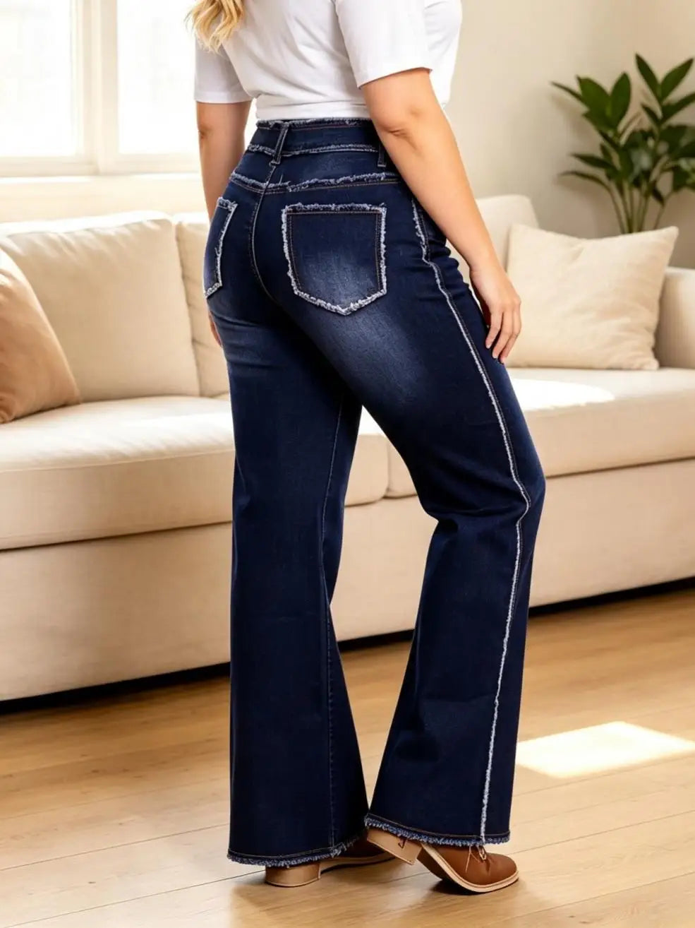 【HME】Jeans | Women Raw Fringe Trim Denim Pants, High Waist Flare Denim Jeans, Full‑Edge Frayed Details On Waistband Sides Pockets Hems, Dark Blue Washed Retro Style, Vintage Hippie Loose Casual Pants For Street Festival