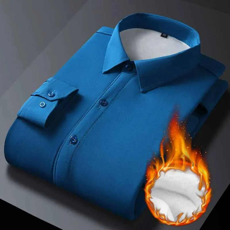 Men's Business Formal Lapel Shirts Autumn and Winter Thickened Warm Office Work Shirt Men Solid Color Casual Long Sleeve Tops