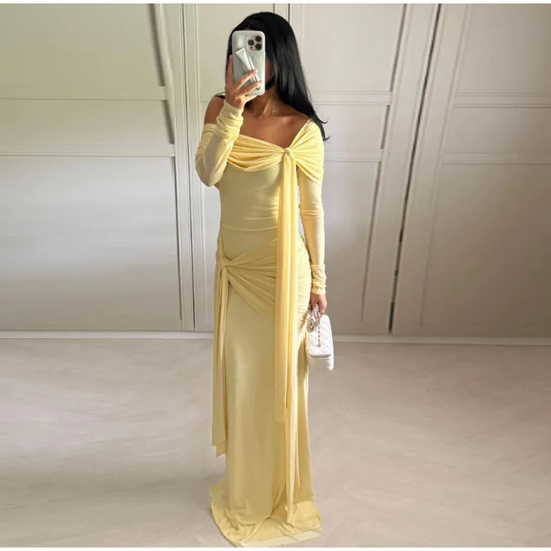 Elegant Solid Lace Up Dress Women's Off The Shoulder Long Sleeve Draped Dresses 2026 Spring New Female Chic Party Robes ﻿