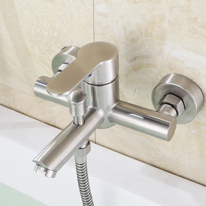 Wall Mounted Cold Hot Water Mixer 304 Stainless Steel Triple Valve Nozzle Tap Bathtub Faucet Bathroom Shower Faucet