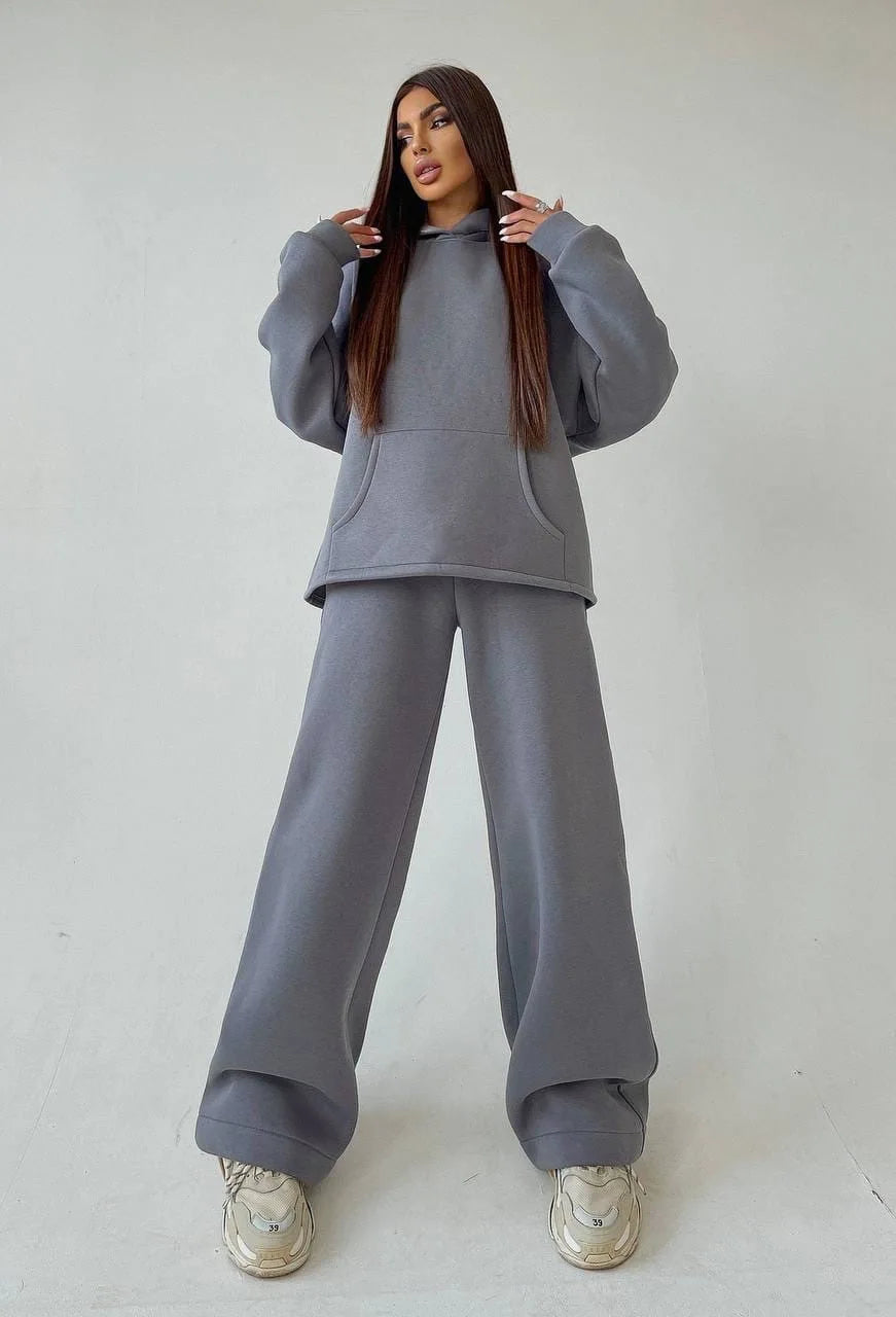 Woman's Solid Color Hooded Sweatshirt Pant Two-piece Set Fashion Long Sleeves Pocket Pullovers Pants Suits Ladies Loose Outfit