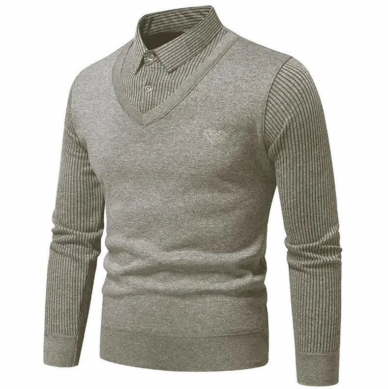 Autumn and Winter New Men's Fake Two Piece Sweater with Fleece and Slim Fit Polo Collar Knitted Bottom Shirt Thickened and Warm