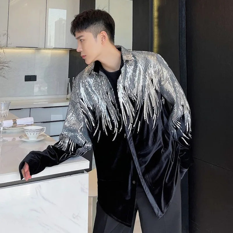 IEFB Summer Embroidery Sequin Velvet Fashionable Temperament Men's Long Sleeve Shirts Lapel Personal Design Oversize Tops 9Y6658