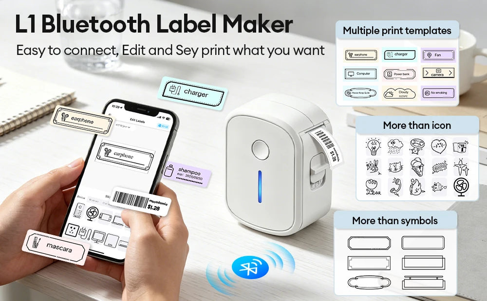 Portable Mini Label Printer Bluetooth Inkless Self-adhesive Thermal Labels Printer Sticker Maker Adhesive Mini Labeling Machine