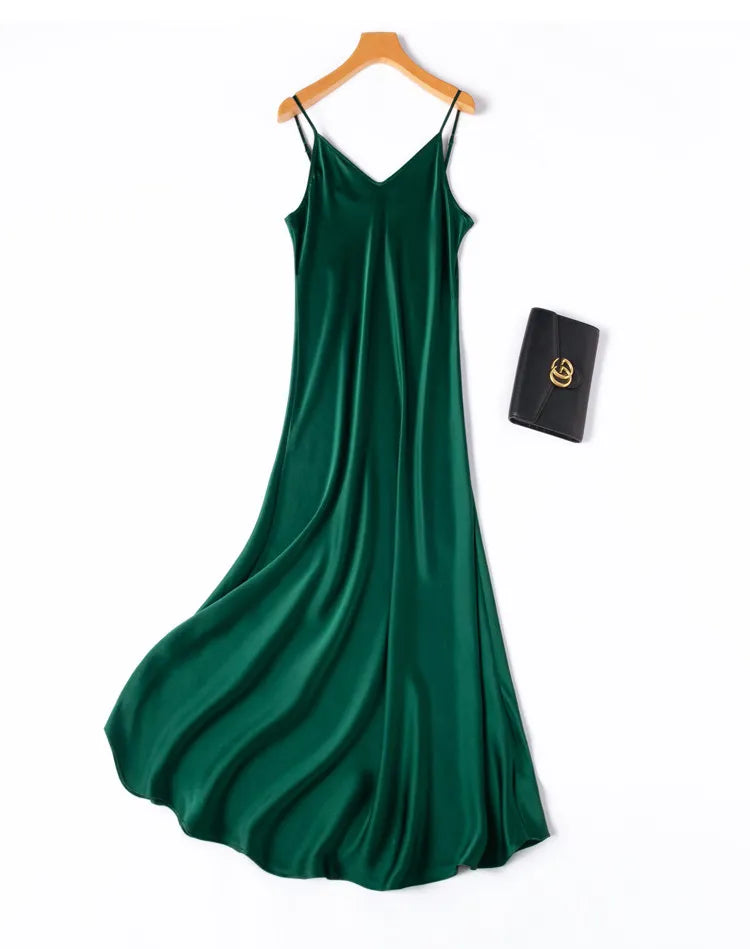 Tcyeek Woman Long Dress, 100%Real Silk, V Neck, Solid Spaghetti Strap Dresses, 2025 Elegant Chic Clothes