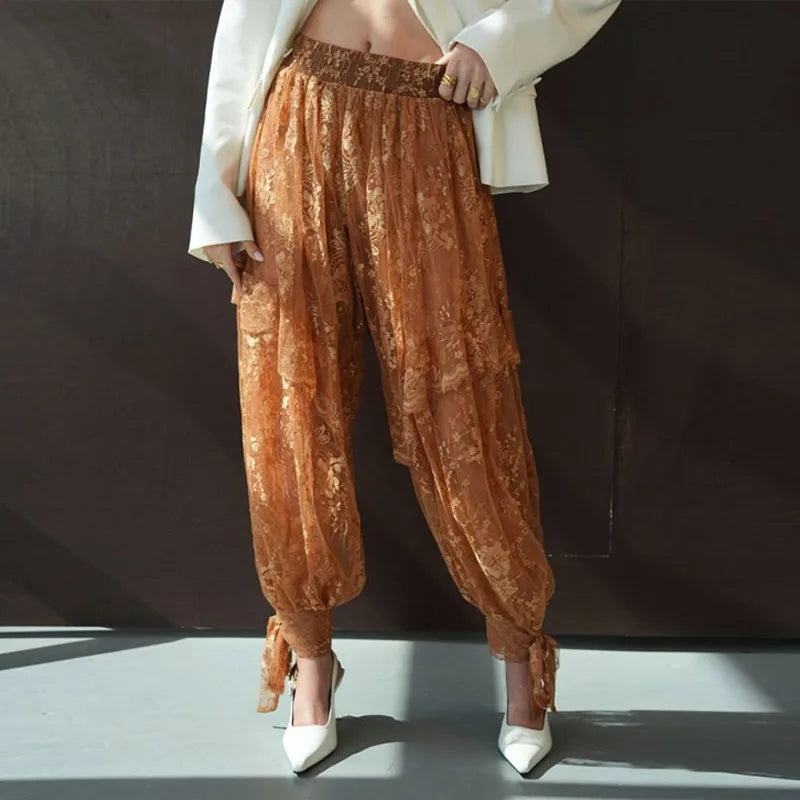 Sheer Floral Lace Tie Balloon Trousers High Waist 2026 Spring/Autumn Elegant Women Bottoms Fashion Chic Holiday Versatile Pants