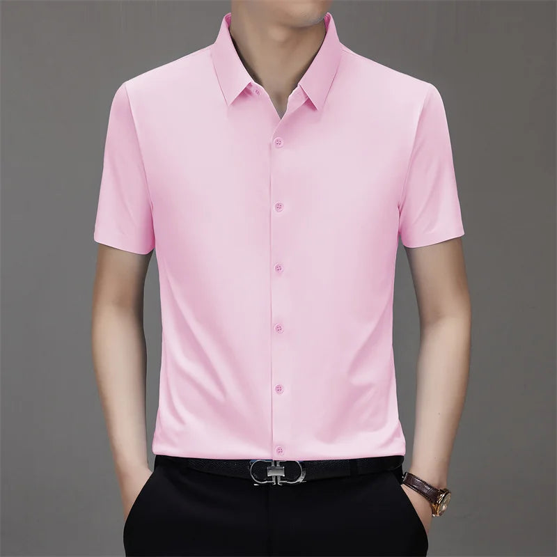 New Men's Business Casual Solid Color Short Sleeved Shirt for Summer Fashion No Ironing Comfortable and Versatile Top