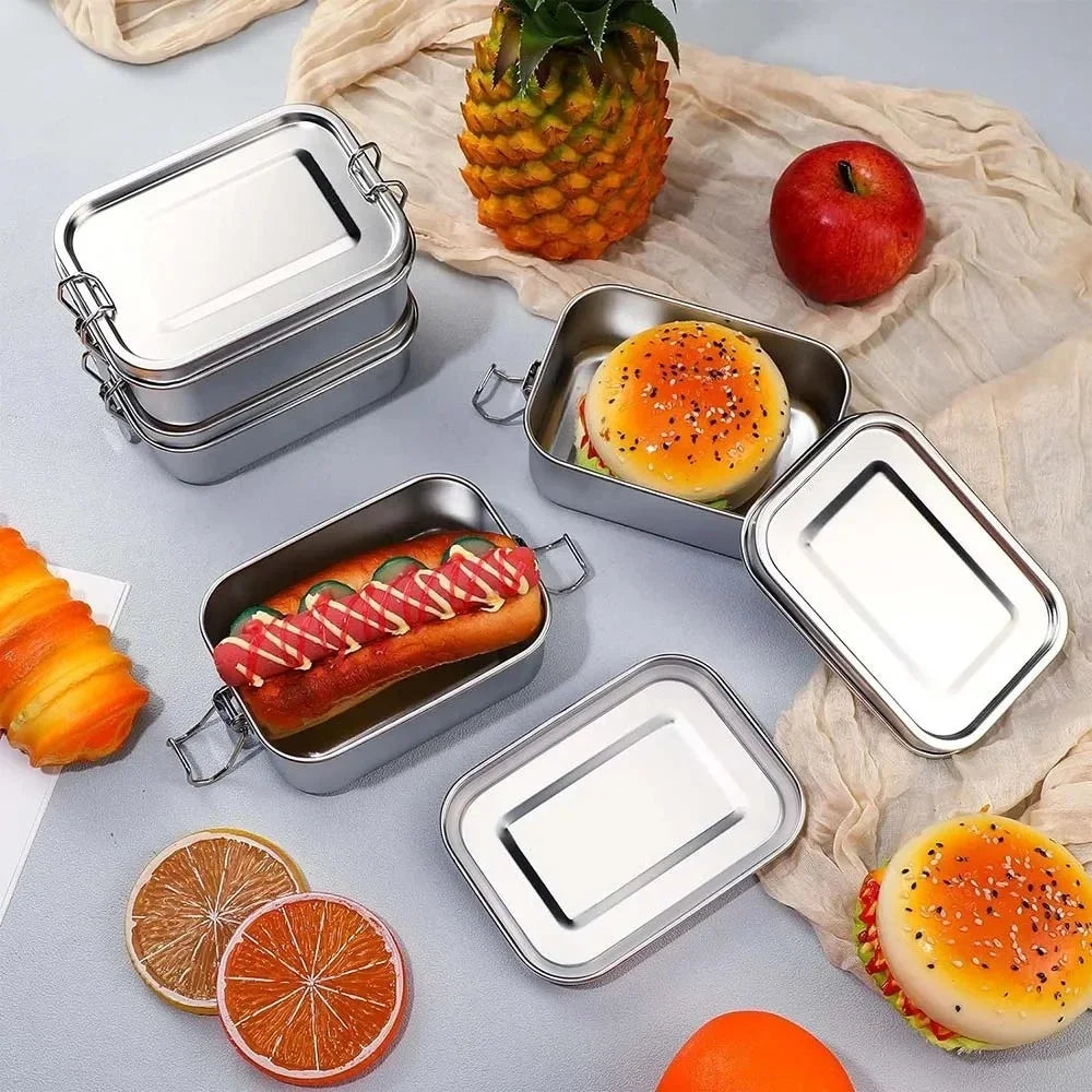 304 Stainless Steel Bento Box Metal Food Storage Container with Locking Clasp Suitable for Work and School 1200/2400ml Lunch Box