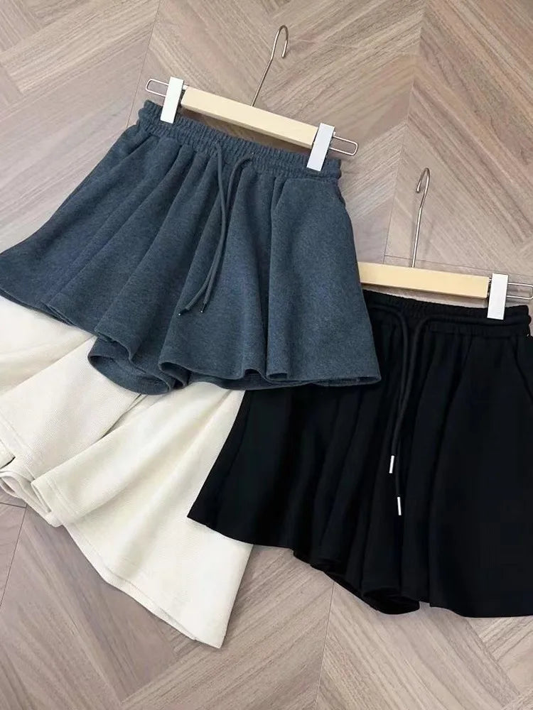Women High Waist Drawstring Skort Solid A Line Wide Leg Casual Sports Pleated Shorts