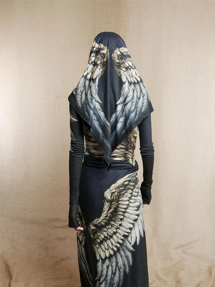 CHEERART Vintage Wing Feather Long Sleeve Dresses Fall 2025 Fashion Woman Turtleneck Mesh A Line Maxi Dress Evening Luxury